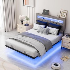 Double Floating Bed Frame with Charging Station,Modern Metal Full Bed with led