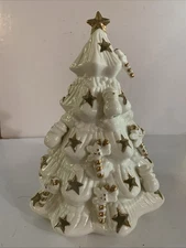 Porcelain Christmas Tree Tea Light Holder Star Cut Outs Gold Accents 9”