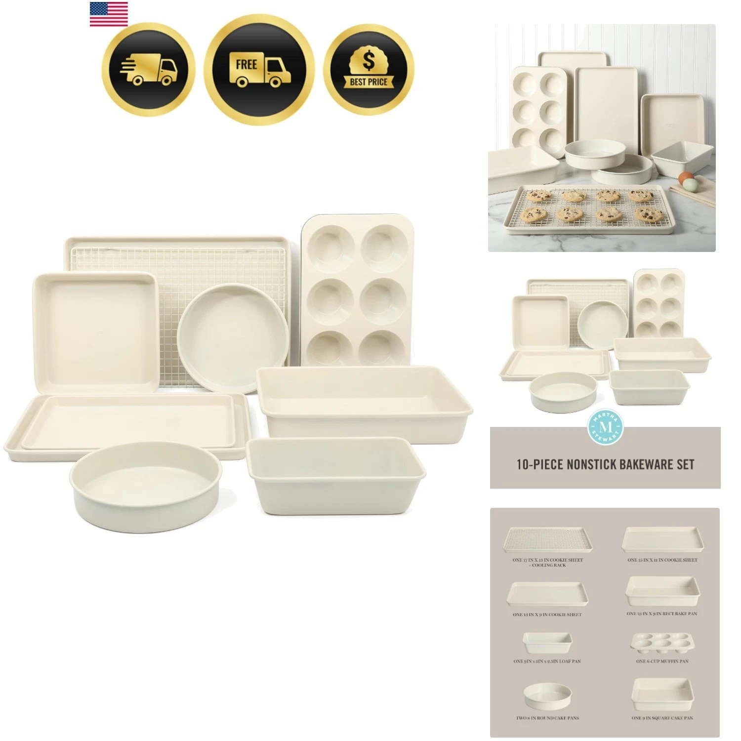 Gallen 10 Piece Baking Pans Ceramic PFA Free Non Toxic Non Stick Bakeware Set...