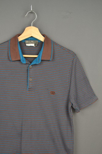 Salvatore Ferragamo, Salvatore Ferragamo Vintage Polo Shirt Blue Brown Slim Fit Cotton M