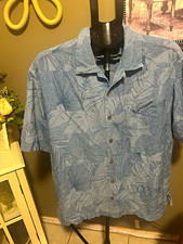 Tommy Bahama Men's L Blue Silk Woven Tropical Floral Short Sleeve Button-Up