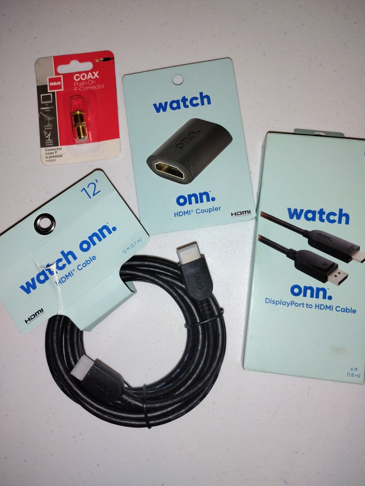 Onn 4-Pack HDMI Cable with DisplayPort Adapter and HDMI Coupler-image