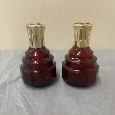(2)Lampe Berger Paris Oil Diffuser Lamp Clear Red Glass Fragrance  France 5.75''