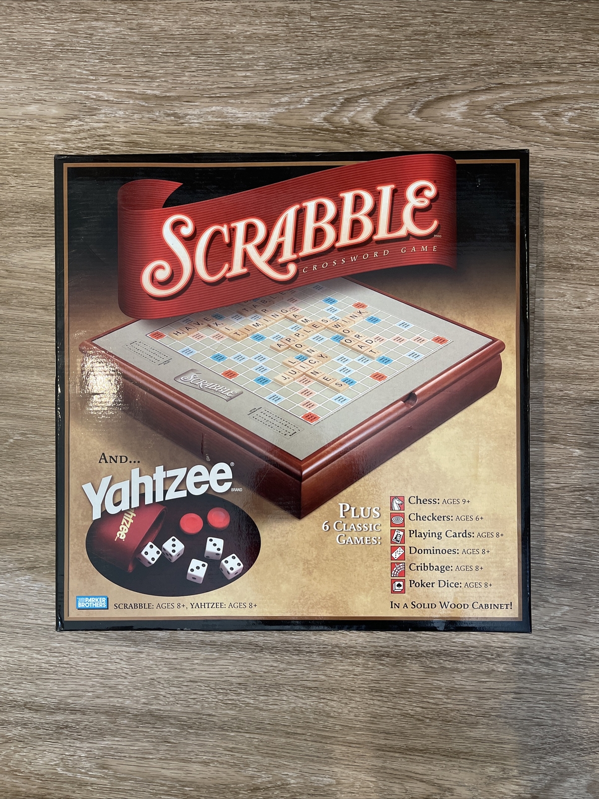 SCRABBLE & YAHTZEE SOLID WOOD CABINET PLUS 6 CLASSIC GAMES Parker Brothers  NIB 653569095057 | eBay
