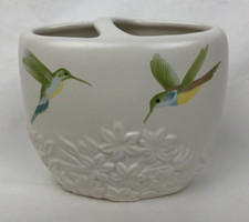 VTG Ceramic Toothbrush Holder, Hand-painted Hummingbirds And Embossed Flowers