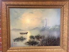 Gorgeous Antique  Vintage  LIghthouse  Hudson River Boat OIL PAINTING P Hanson