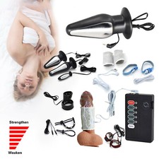 Electric E-Stim Shock Metal Anal Butt Plug Penis Enhancer Cock Ring Therapy Set