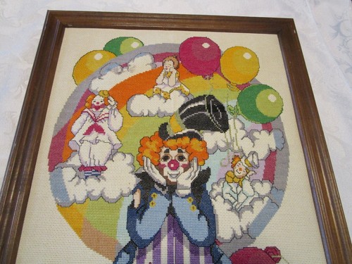 Vintage Finished framed Cross Stitch Dreaming Clown Balloons Circus Nursery 20"H - Picture 3 of 12