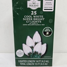 Holiday Time - 25 C7 Cool White Super Bright LED Lights Green Wire