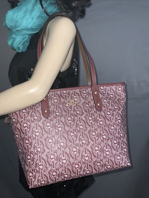 バッグ coach Coach City Zip Tote F37854 Chain Print Coated Canvas Claret