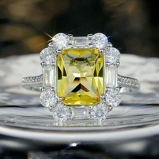 8.69 CT Emerald Cut yellow Citrine Cluster Style Halo Wedding Engagement Ring