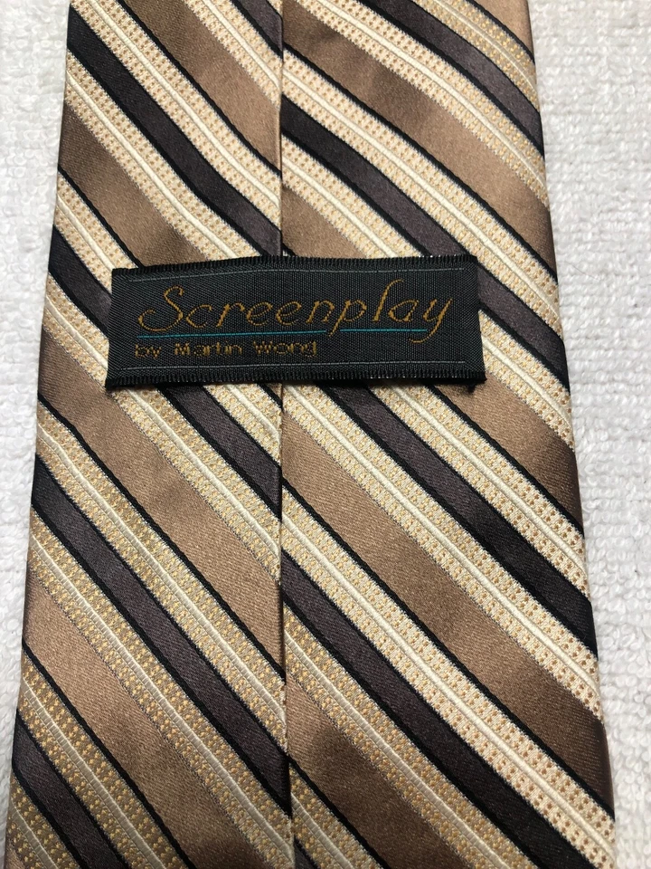 MARTIN WONG MENS TIE GRAY BEIGE WHITE AND LIGHT BROWN STRIPED 4 X 58 - Image 4 of 4