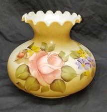 Decorative Antique Gold Glass Shade With Orchids  Peach Roses Crimp Top