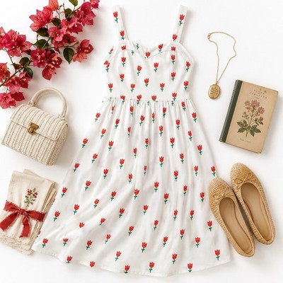Tulip Print Sundress Sweetheart Neck White Floral Cottagecore Summer Dress L