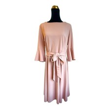 HR Homrain Blush Pink Tea Length Dress w Tie & Pearl Belts 3/4 Bell Sleeves XL