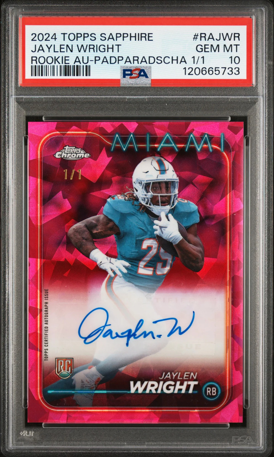 Jaylen Wright 2024 Topps Chrome Sapphire Auto #RAJWR Padparadscha 1/1 PSA 10 CCM