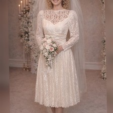 Unbranded Vintage 80s Ivory Short Lace Wedding Dress size 7/8