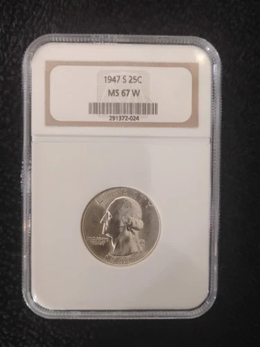 1947 S George Washington Silver Quarter 25C NGC MS 67 With Rare W (White) Grade.