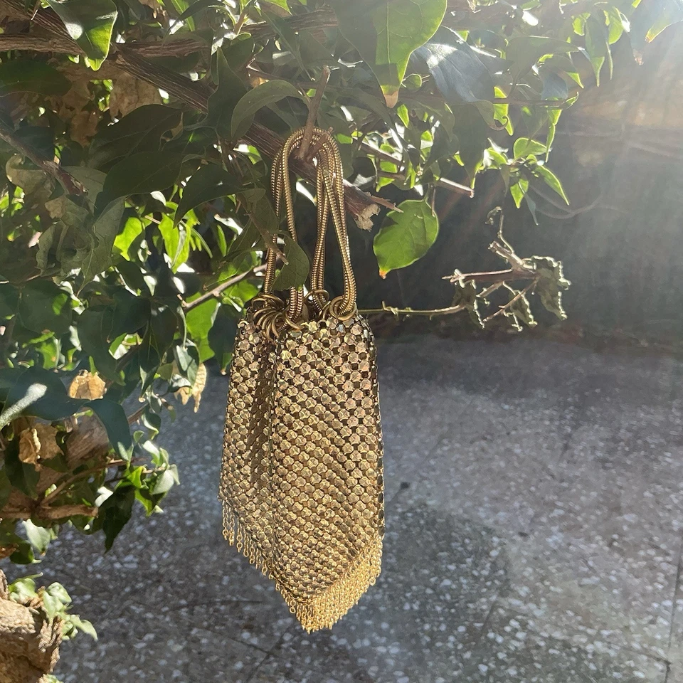Vintage Sac En Côtes De Mailles Doré Art Deco 1920s - Photo 1/4
