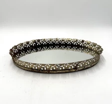 VTG Ornate Brass Oval Vanity Mirror Tray Perfume Dresser 1960s