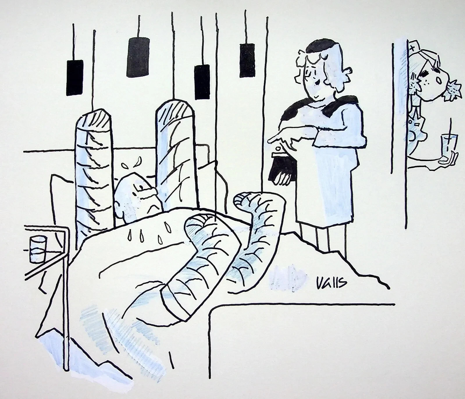 Humor - Prensa Guy Valls: Parte de Piernas en el Aire, Dibujo Original Firmado