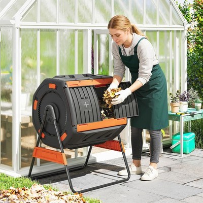 Compost Bin Outdoor, 53 Gal Dual Chamber Tumbling Compost, Orange