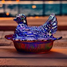 Cobalt Blue Carnival 6" Mosser Glass Hen Jumbo Chicken Covered on Wide Rim Base