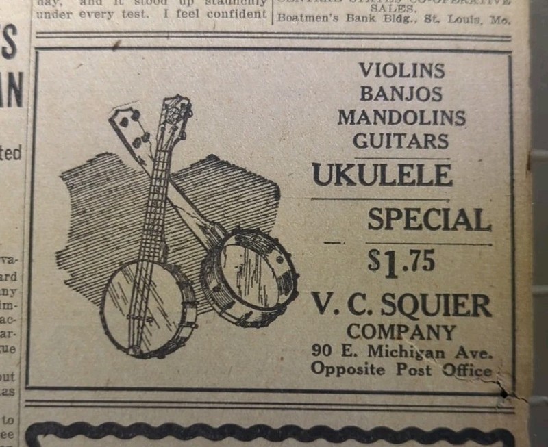 APR 29, 1929 NEWSPAPER PAGE #2495- V.C. SQUIRE COMPANY, BANJOS, BATTLE CREEK, MI
