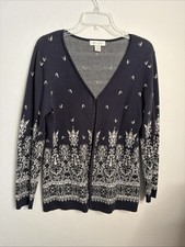 Christopher  Banks Women's M Navy  White Paisley Long Sl Cardigan Pristine