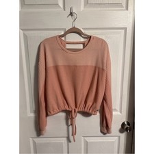 Cropped Balletcore Waffle Knit Pullover with Tie Waist & Keyhole Back Colorblock