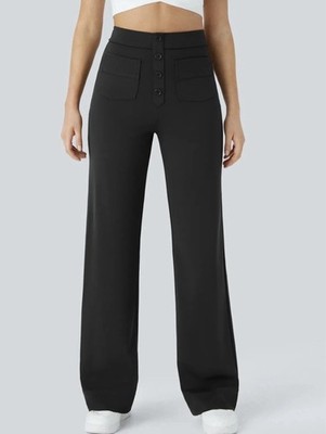 Halara DayStretch High Waisted Pockets Straight Leg Casual Pants Black Sz XL Pet