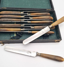 12 couteaux anciens à fromage, dessert, manches en corne dans leur boîte  - A30