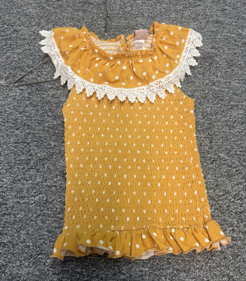 Little Lass Girls 7/8 Yellow White Polka Dot Sundress Smocked Lace Ruffle