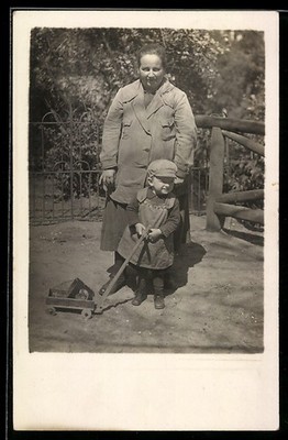 Photo Postcard Mother and Child with Toy Cart 