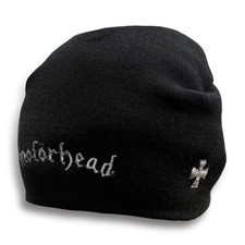 Image of unisex black knitted beanie hat with embroidery logo rock metal band  MOTORHEAD