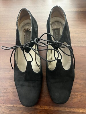 Paco Gil Vintage Black Suede Platform Pumps Mary Jane Good Condition Tie Closure