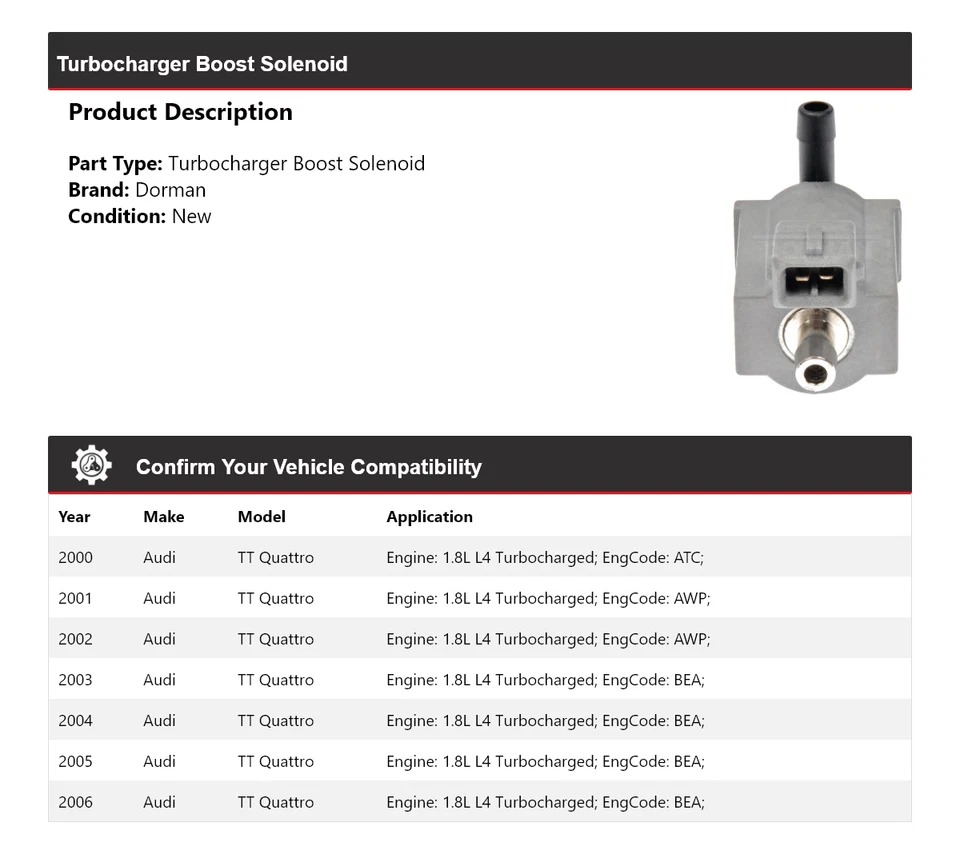 Para Audi TT Quattro Dorman 2000-2006 turbocompresor Boost solenoide 2001 2002 2003 Foto 2 de 4