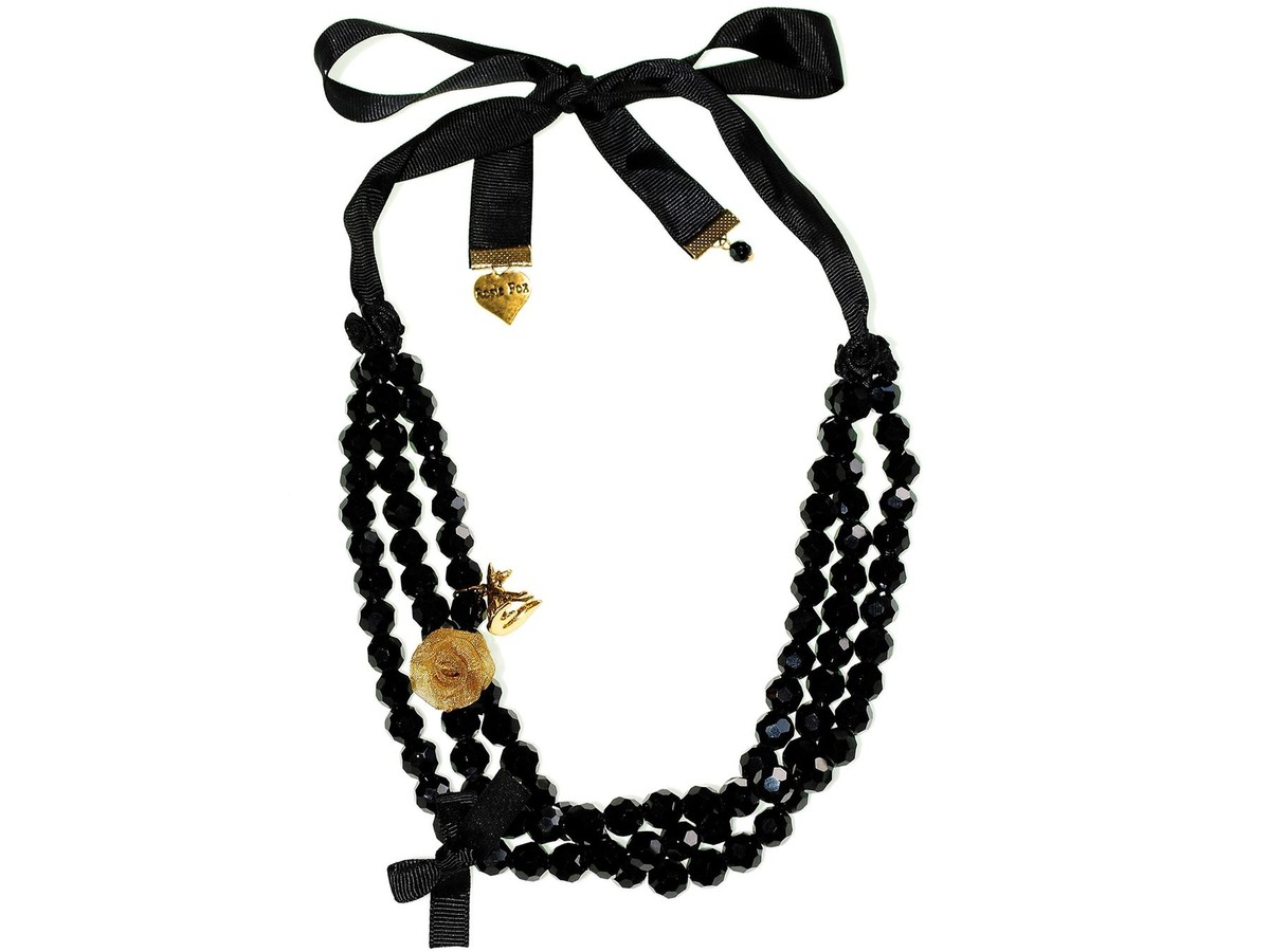 Jet Black Beaded Necklace with Rose Fox Charms Rosie Fox