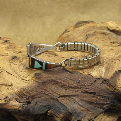 Vintage Zuni Sterling Silver Multi Stone Inlaid Watchband by 