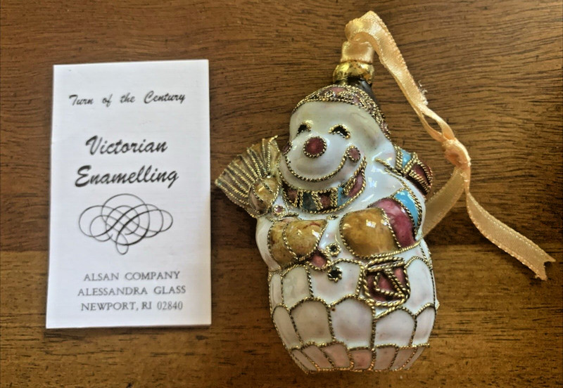 Vintage Alsan Victorian Enamelling SNOWMAN Ornament Hand Decorated