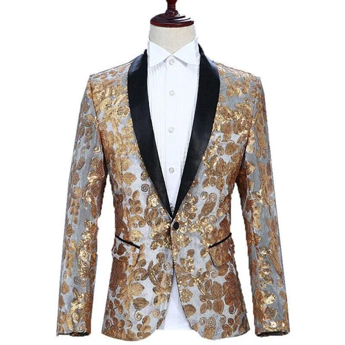 Men Sequin Shawl Lapel Suit Jacket Velvet Floral Blazer Wedding Prom Coat Tops - Picture 6 of 21