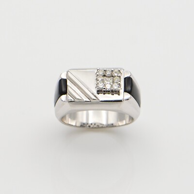 14K White Gold Men's Ring with Onyx and Diamonds Statement Ring