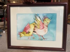 Vintage Abstract Sergio Bustamante Style Birds with People Faces Watercolor