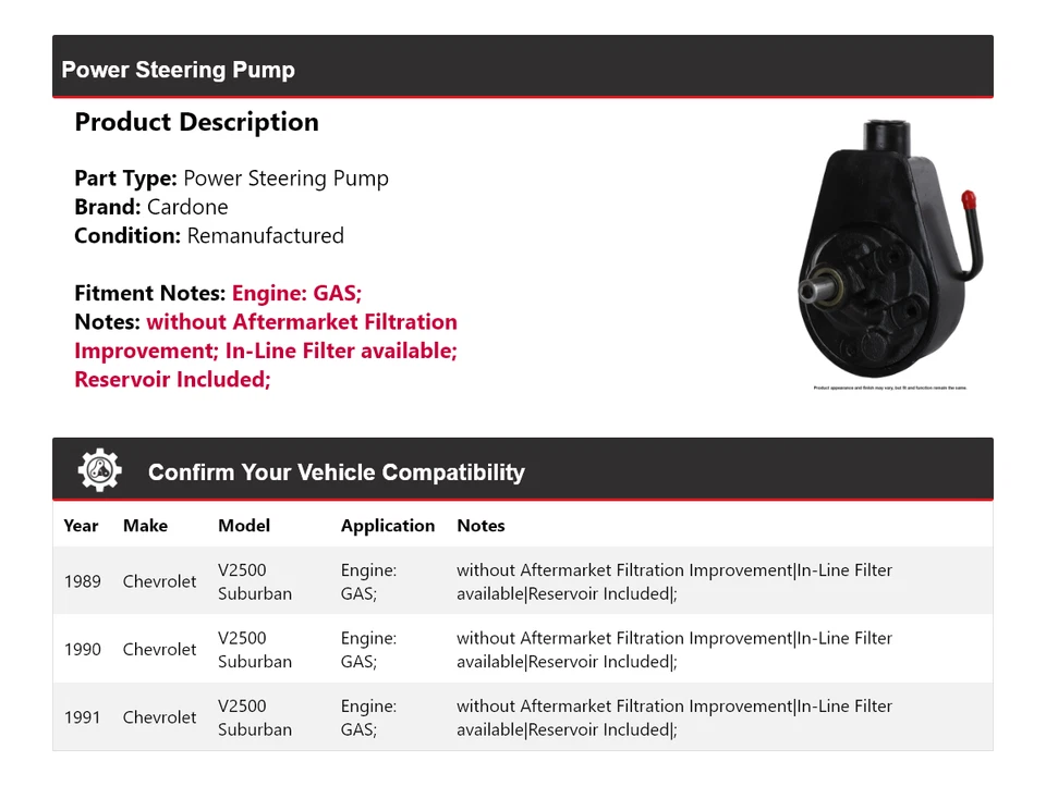 Bomba de dirección asistida de gas Cardone 1990 para Chevrolet V2500 Suburban 1989-1991 Foto 2 de 4