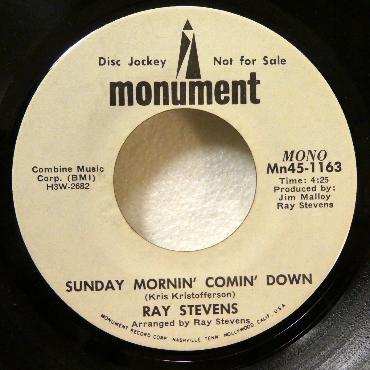 RAY STEVENS 45 Sunday mornin comin down MONO/Stereo MONUMENT