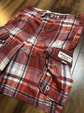 Abercrombie  Fitch Cargo Swim Trunks Board Shorts Men's Medium Red Plaid Y2K