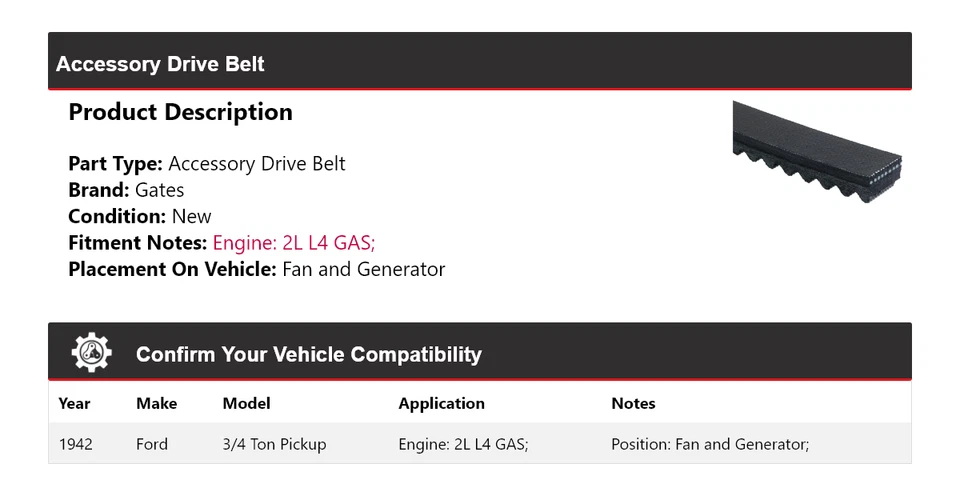 Correa de transmisión de gas para camioneta Ford 1942 de 3/4 toneladas 2L L4 para puertas de ventilador y generador Foto 2 de 4