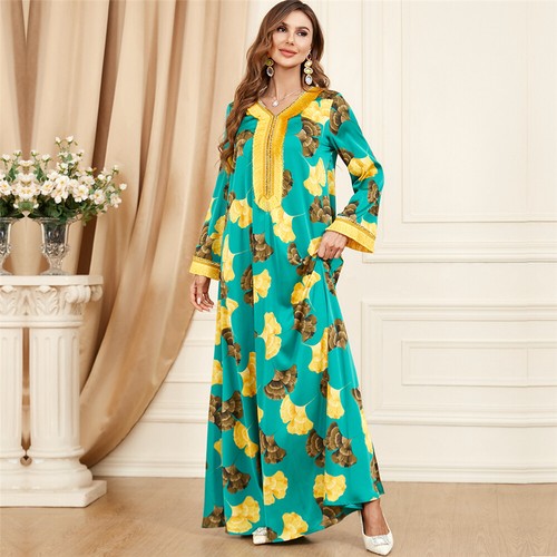 Muslim Floral Kaftan Islamic Women Maxi Dress Ramadan Dubai Caftan Moroccan Gown - Picture 85 of 216