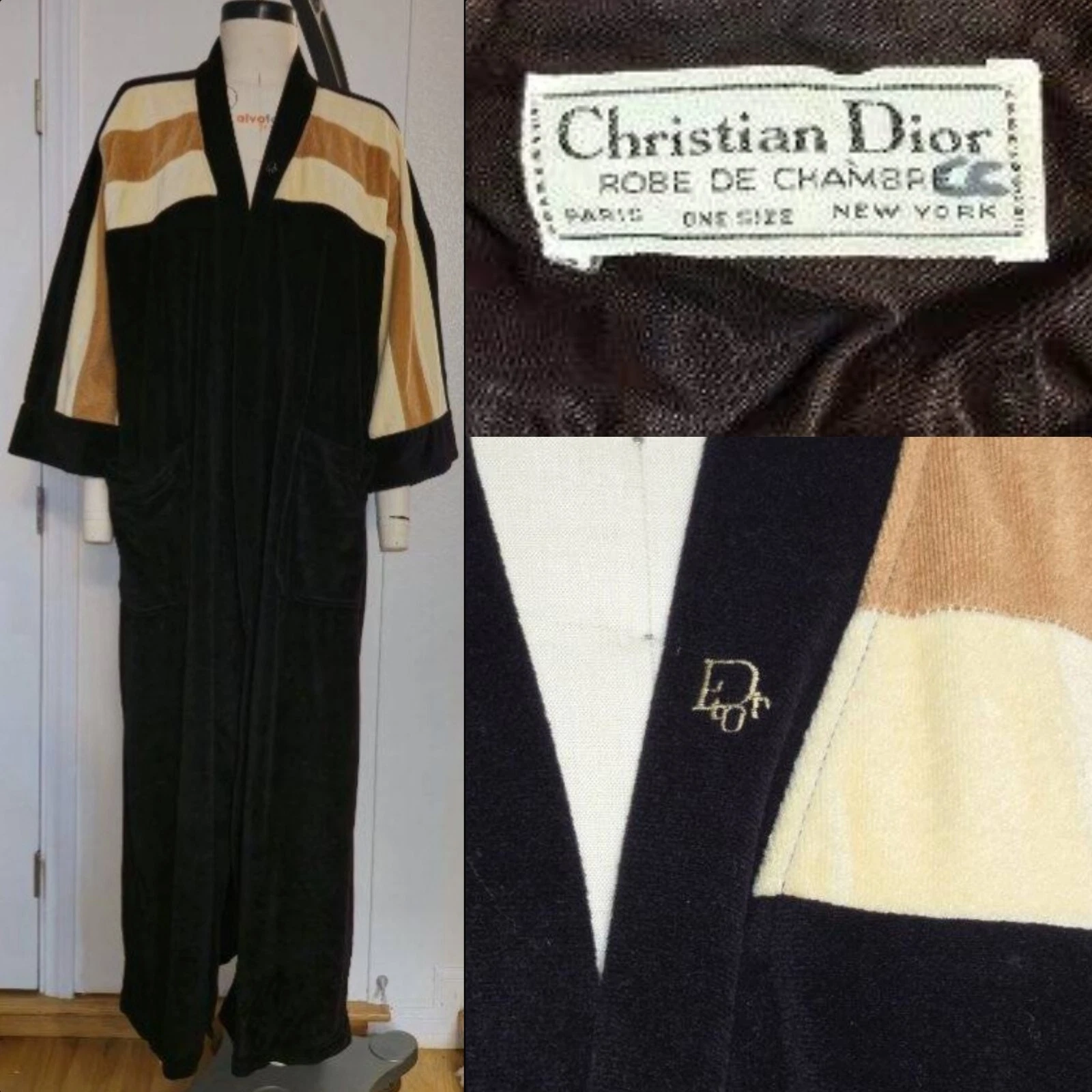 Robe rayée vintage années 70 Christian Dior tissu éponge noir blanc marron marron OS