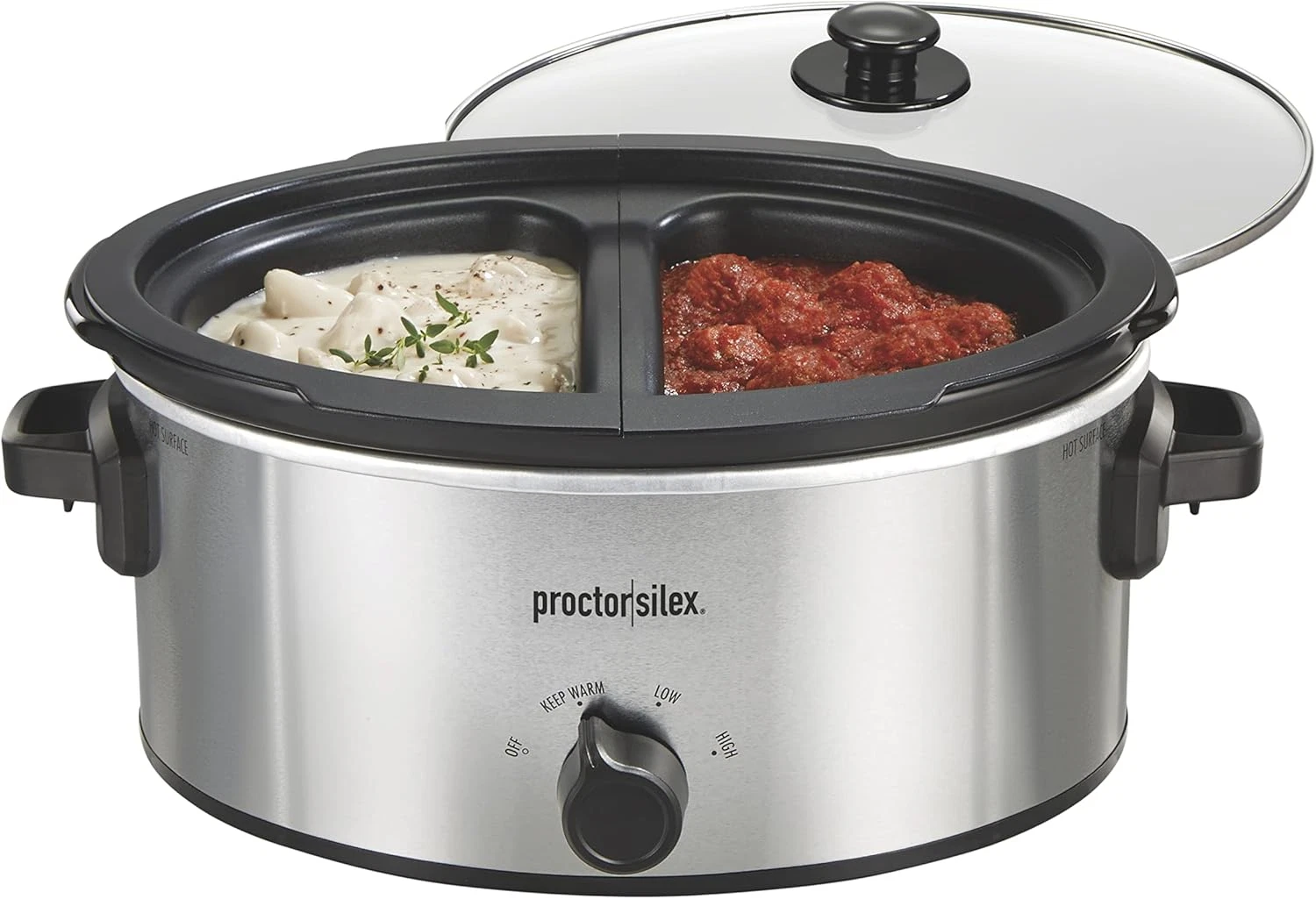Double Dish Slow Cooker - 6Qt & Dual 2.5Qt Inserts, Nonstick & Dishwasher Safe
